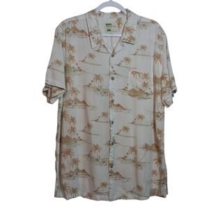Kahuna Bay Tropical Beige Palm Tree Men's Camp Button Up Shirt Size XL
